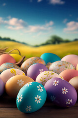 Painted multi coloured easter eggs on a nest with sunset landscape spring background. Blue, pink, purple, and orange hand painted designs.