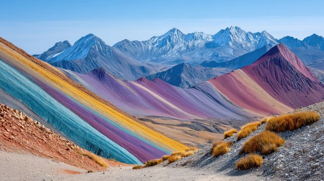 landscape shot of Vinicunca Rainbow Mountain in Peru, colorful stripes of mineral sediment on the mountain slopes, red yellow and turquoise layers