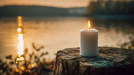 Serene outdoor scene with a lit candle placed on a tree stump reflecting soft golden sunlight over calm water during peaceful sunset hours