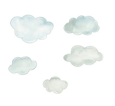 Hand drawn watercolor clouds in various shapes and sizes