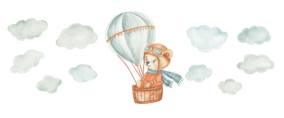 Bear in a hot air balloon with scarf and aviator goggles © NATALIA