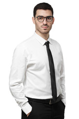 Professional young man with serious face wearing a white shirt and black tie standing with hands in pockets
