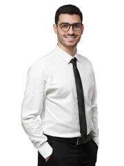 Yong businessman or corporate employee wearing white shirt with black tie