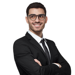 Young successful smilling businessman with crossed arms looking away. CEO, cheif executive officer concept