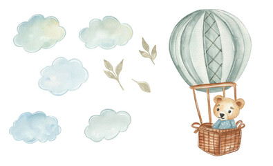 Bear in a hot air balloon with scarf and aviator goggles © NATALIA