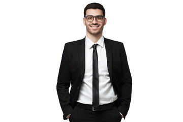 Happy young businessman wearing a black suit and glasses standing with hands in his pockets