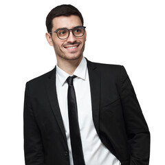 Modern businessman in black suit looking away while standing