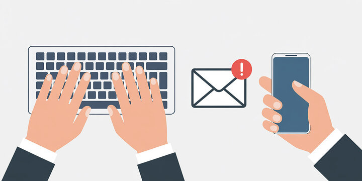 Hands typing on keyboard and holding smartphone with email alert icon communication - Powered by Adobe