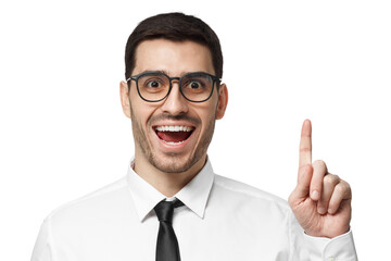 I have an idea! Handsome business man keeping finger pointed up showing something above his head, making gesture with index finger