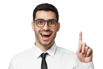 I have an idea! Handsome business man keeping finger pointed up showing something above his head, making gesture with index finger
