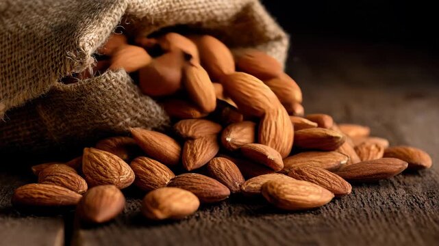 Bags of almonds spill onto a wooden table in a kitchen setting during the afternoon hours