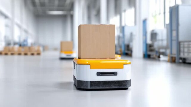 Automated Logistics: Autonomous vehicles navigate a modern warehouse, efficiently transporting packages and optimizing workflow.