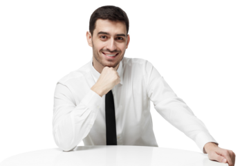Young businessman wearing formal shirt with tie leaning on white table, pressing fist to chin, looking interested in conversation