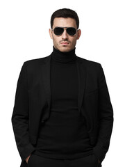 Handsome bodyguard or secret agent wearing black suit and sunglasses