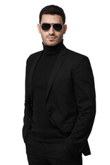 Handsome serious bodyguard or secret agent wearing black suit and sunglasses