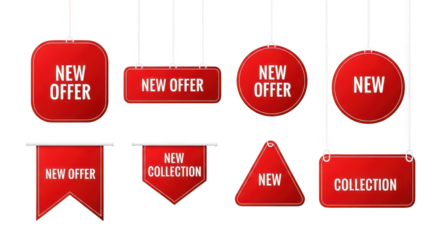 Red new offer and collection tags, labels, and banners set isolated on transparent background