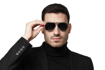 Close up shot of bodyguard or secret agent wearing suit and sunglasses, isolated on grey background