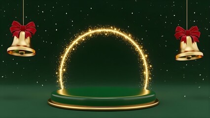 3D Christmas Podium Background with Golden Arch and Hanging Festive Bells