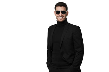 Handsome smiling bodyguard or secret agent wearing black suit and sunglasses