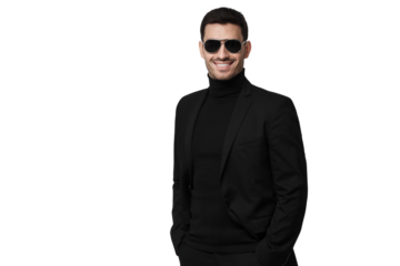 Handsome smiling bodyguard or secret agent wearing black suit and sunglasses