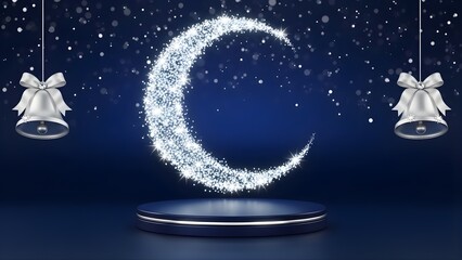 Festive Podium Mockup with Sparkling Crescent Moon and Silver Bells Background