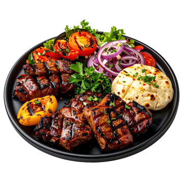 Traditional argentine asado parrillada a large assortment of fire-grilled meats and offal professionally isolated on white background