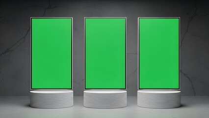 Three Vertical Digital Signage Mockups with Green Screen on Round Podiums