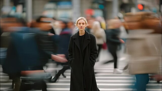 Young woman standing still in busy city street, surrounded by motion blurred people, and focus individuality expressing video 4k