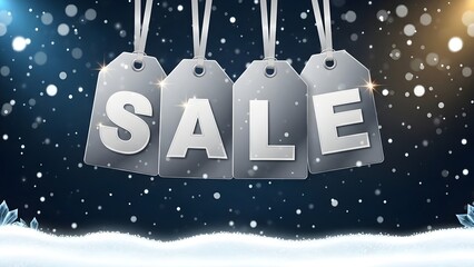 Winter Holiday Sale Banner: Silver Gift Tags on Snowy Night Background