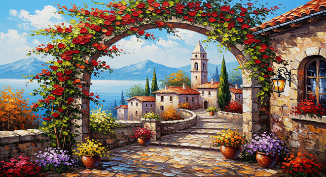 Mediterranean Village Archway Oil Painting with Roses 3D relief wallpaper for mural wall art, canvas print, wall decor painting design