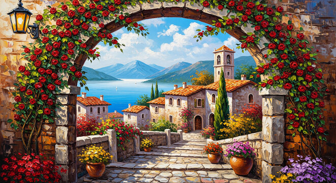 Mediterranean Village Archway Oil Painting with Roses 3D relief wallpaper for mural wall art, canvas print, wall decor painting design