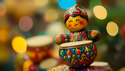 Obraz premium A tight close up shows a colorful hand painted wooden drummer boy ornament. The intricate design is highlighted against a blurred background