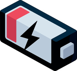 Isometric Low Battery Level Icon with Lightning Bolt Indicator Vector Illustration