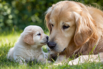 Tender moment between a golden retriever puppy and adult dog lying gently on lush green grass with a blurred natural background in warm daylight