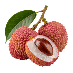 Fresh Whole and Half Sliced Lychee Fruits with Seed and Green Leaf Isolated on White Background
