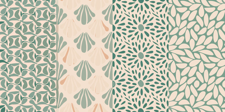 Abstract botanical patterns in muted green and beige tones seamless design