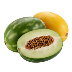 Fresh Whole Green and Yellow Melons with Half Sliced Section Showing Seeds Isolated on White Background