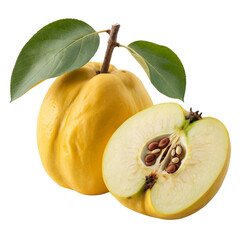 Fresh Whole and Half Sliced Quince Fruit with Green Leaves and Seeds Isolated on White Background
