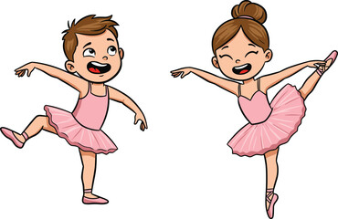 Cartoon children ballet dancers, boy and girl in pink outfits, graceful poses, childhood dance, flexibility, balance, artistic performance illustration