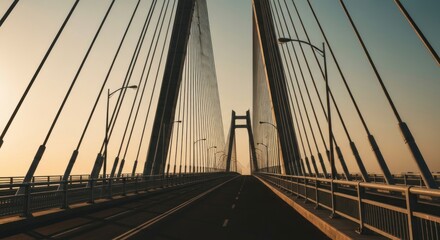 Suspension bridge with central towers stretches into a sunlit sky
