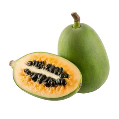 Fresh Green Papaya Fruit with Half Sliced Section Showing Black Seeds Isolated on White Background