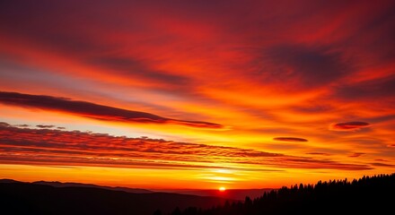 Fototapeta premium A vibrant sunset paints the sky with fiery hues, clouds streaking across the canvas. Silhouettes of trees frame the colorful display