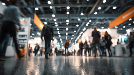 Busy trade show floor with diverse attendees exploring various exhibits under bright lights.