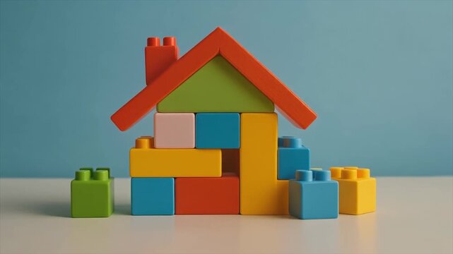 A colorful house constructed from building blocks on a white surface with a blue background home toy blocks