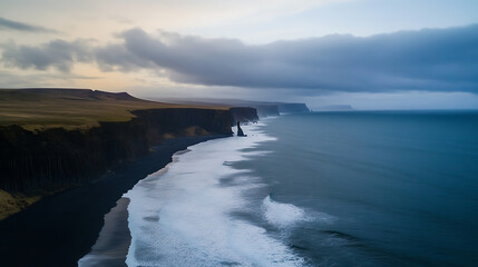 Dramatic coastline vista with towering cliffs meeting the restless ocean under a cloudy sky. A black sand beach adds to the scene's stark beauty. 179 characters