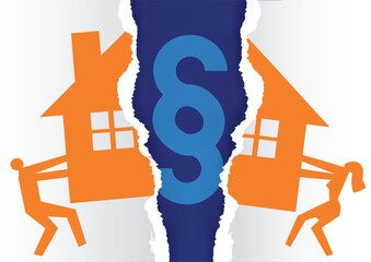 Division of property at divorce with paragraph sign.
A divorced couple ripping paper with the symbol of the house and  paragraph sign. Vector available. 