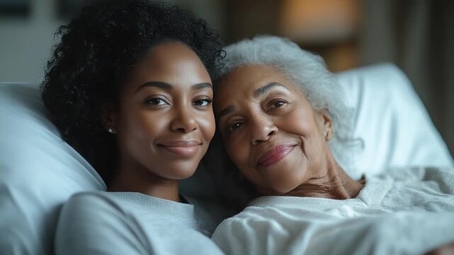 Cherished Bonds: Capturing a tender moment, a serene daughter and her beloved mother share a peaceful embrace, their faces radiating a deep connection and unconditional affection.