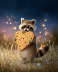 Raccoon holds large cookie in field during twilight with glowing hearts in background