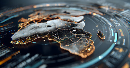 Displaying continent outlines centering radar over East Africa on tech grid, with rings and UI