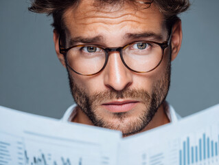 Focused young man with glasses reading detailed financial news and analyzing investment data charts for informed decision making